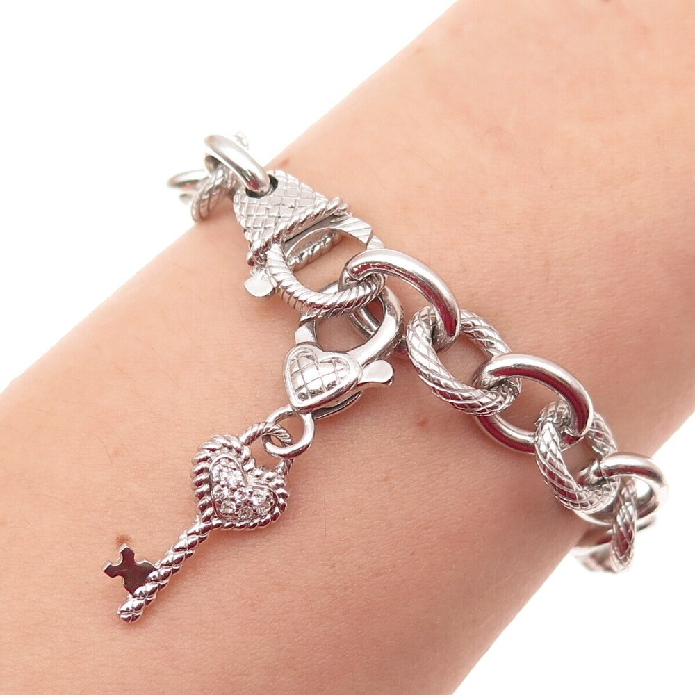 JUDITH RIPKA 925 Sterling Silver Round-Cut C Z Key Charm Bracelet 7.25"